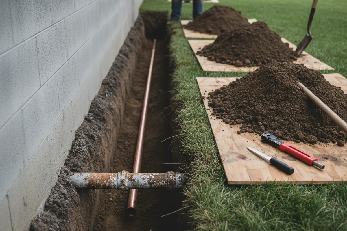 Excavated water line trench during Sewer Line Repair in Lake Milton